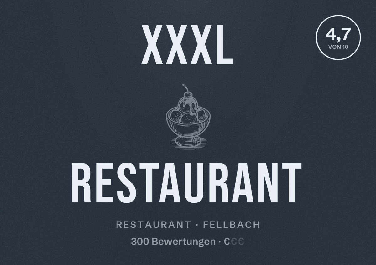 Illustriertes Poster von XXXL Restaurant, Restaurant in Fellbach: Bewertung 4,7 von 10 aus 300 Bewertungen, Preisniveau €