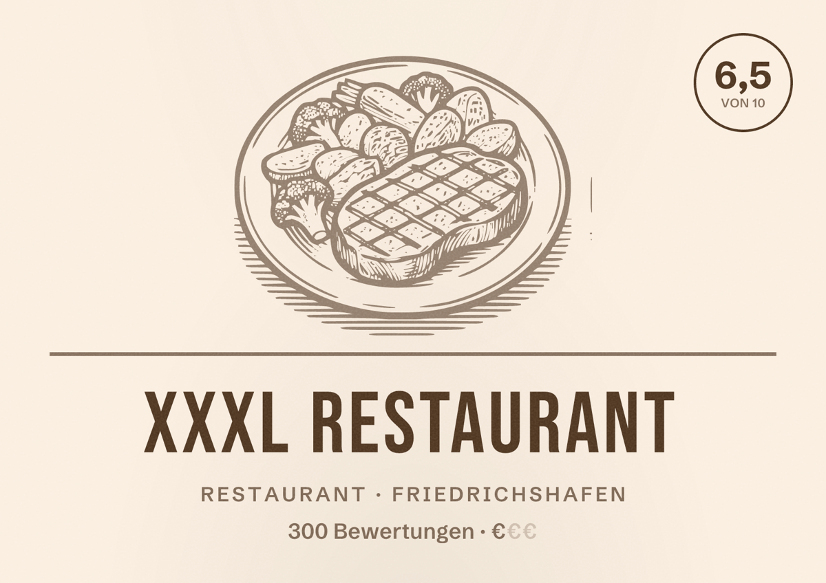 Illustriertes Poster von XXXL Restaurant, Restaurant in Friedrichshafen: Bewertung 6,5 von 10 aus 300 Bewertungen, Preisniveau €