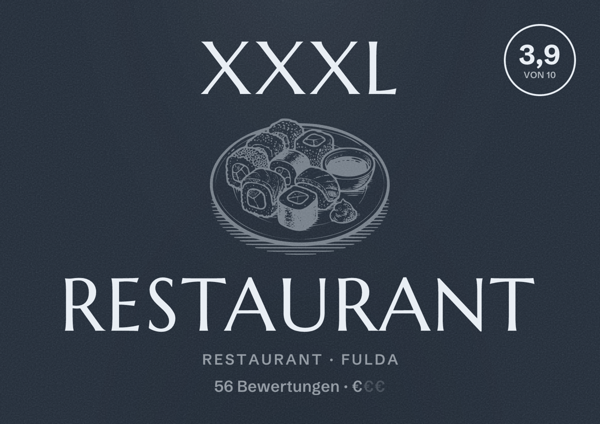 Illustriertes Poster von XXXL Restaurant, Restaurant in Fulda: Bewertung 3,9 von 10 aus 56 Bewertungen, Preisniveau €