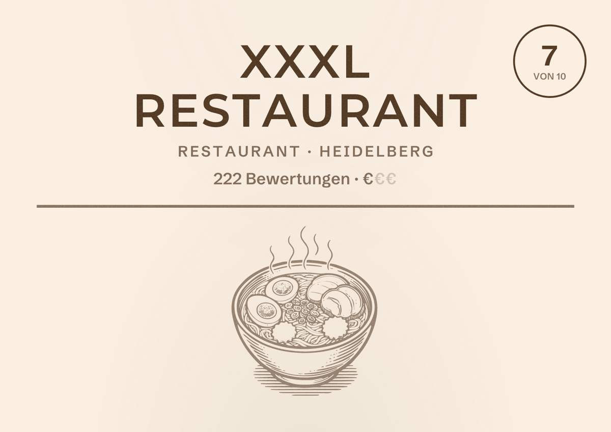 Illustriertes Poster von XXXL Restaurant, Restaurant in Heidelberg: Bewertung 7 von 10 aus 222 Bewertungen, Preisniveau €