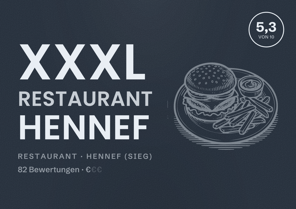 Illustriertes Poster von XXXL Restaurant Hennef, Restaurant in Hennef (Sieg): Bewertung 5,3 von 10 aus 82 Bewertungen, Preisniveau €