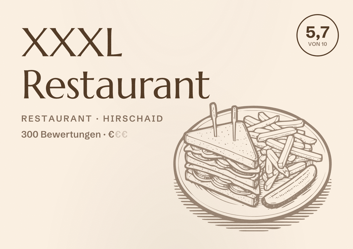 Illustriertes Poster von XXXL Restaurant, Restaurant in Hirschaid: Bewertung 5,7 von 10 aus 300 Bewertungen, Preisniveau €