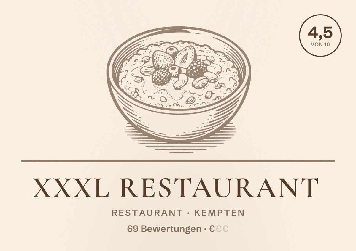Illustriertes Poster von XXXL Restaurant, Restaurant in Kempten: Bewertung 4,5 von 10 aus 69 Bewertungen, Preisniveau €