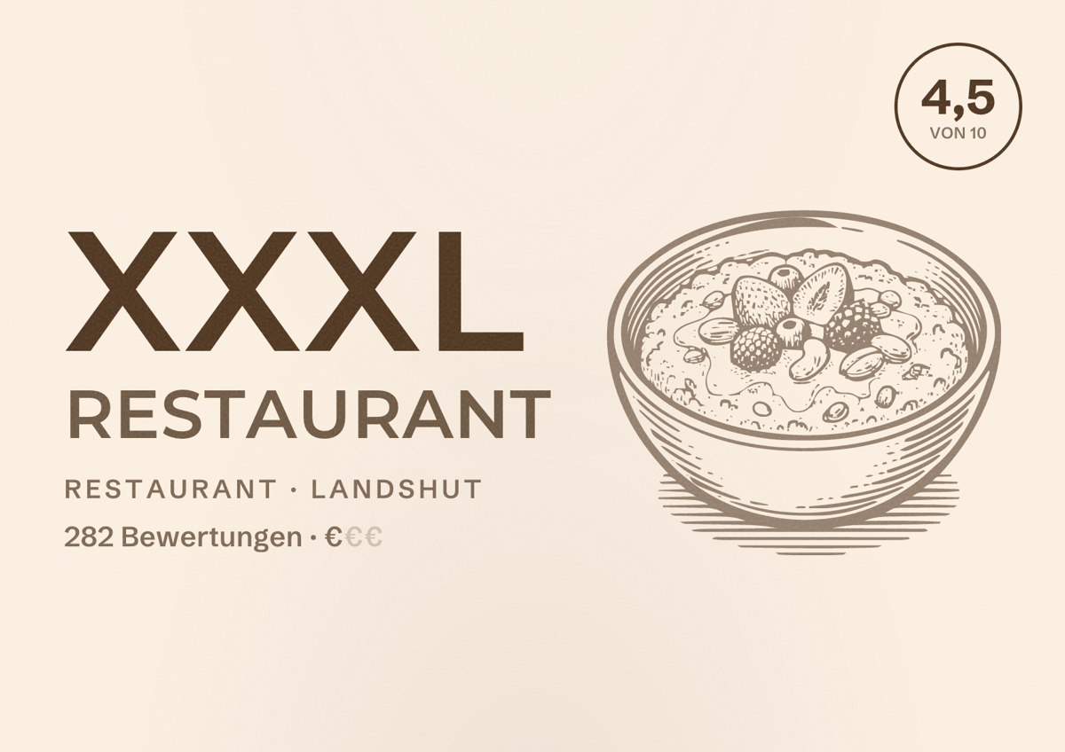 Illustriertes Poster von XXXL Restaurant, Restaurant in Landshut: Bewertung 4,5 von 10 aus 282 Bewertungen, Preisniveau €