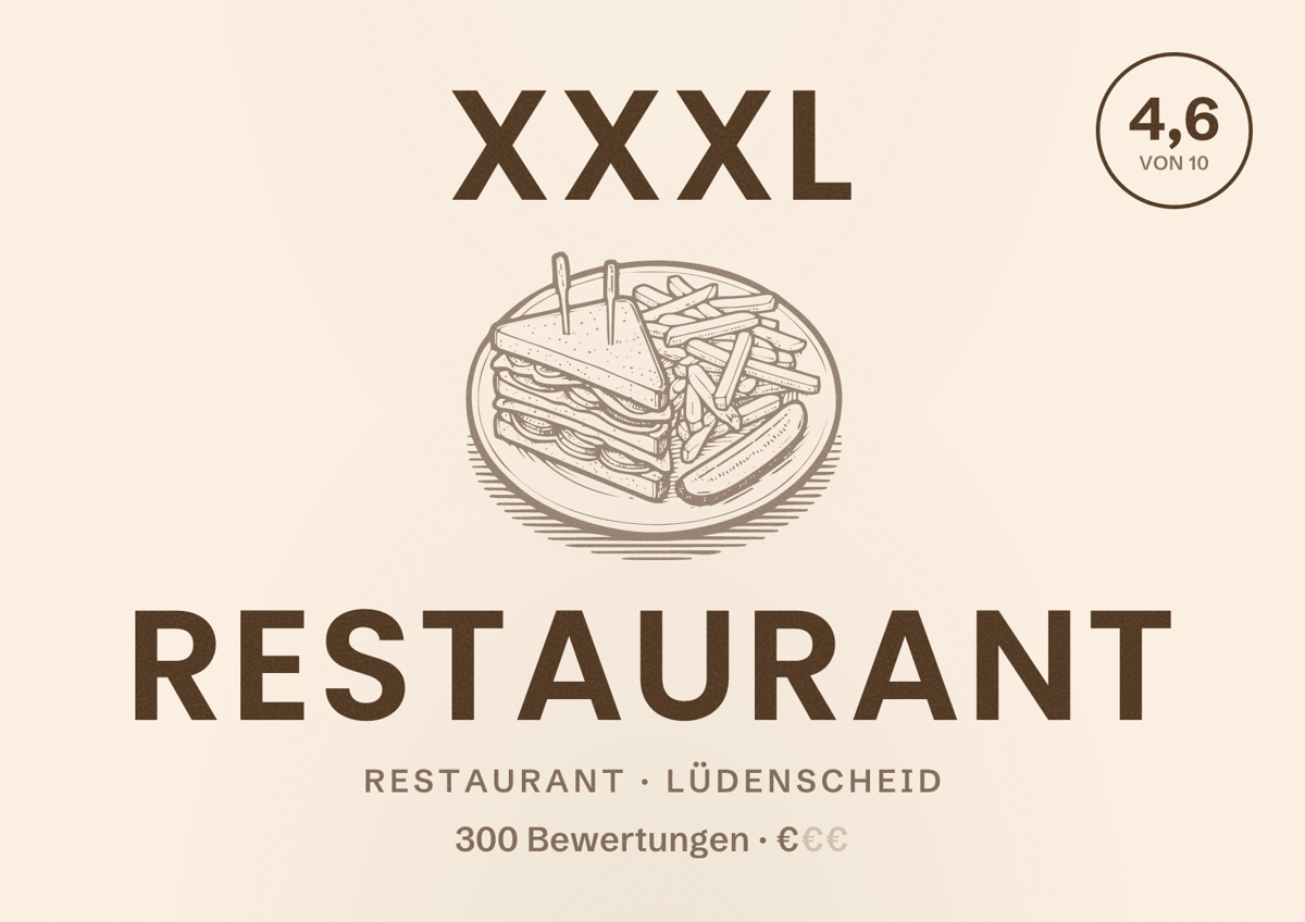 Illustriertes Poster von XXXL Restaurant, Restaurant in Lüdenscheid: Bewertung 4,6 von 10 aus 300 Bewertungen, Preisniveau €