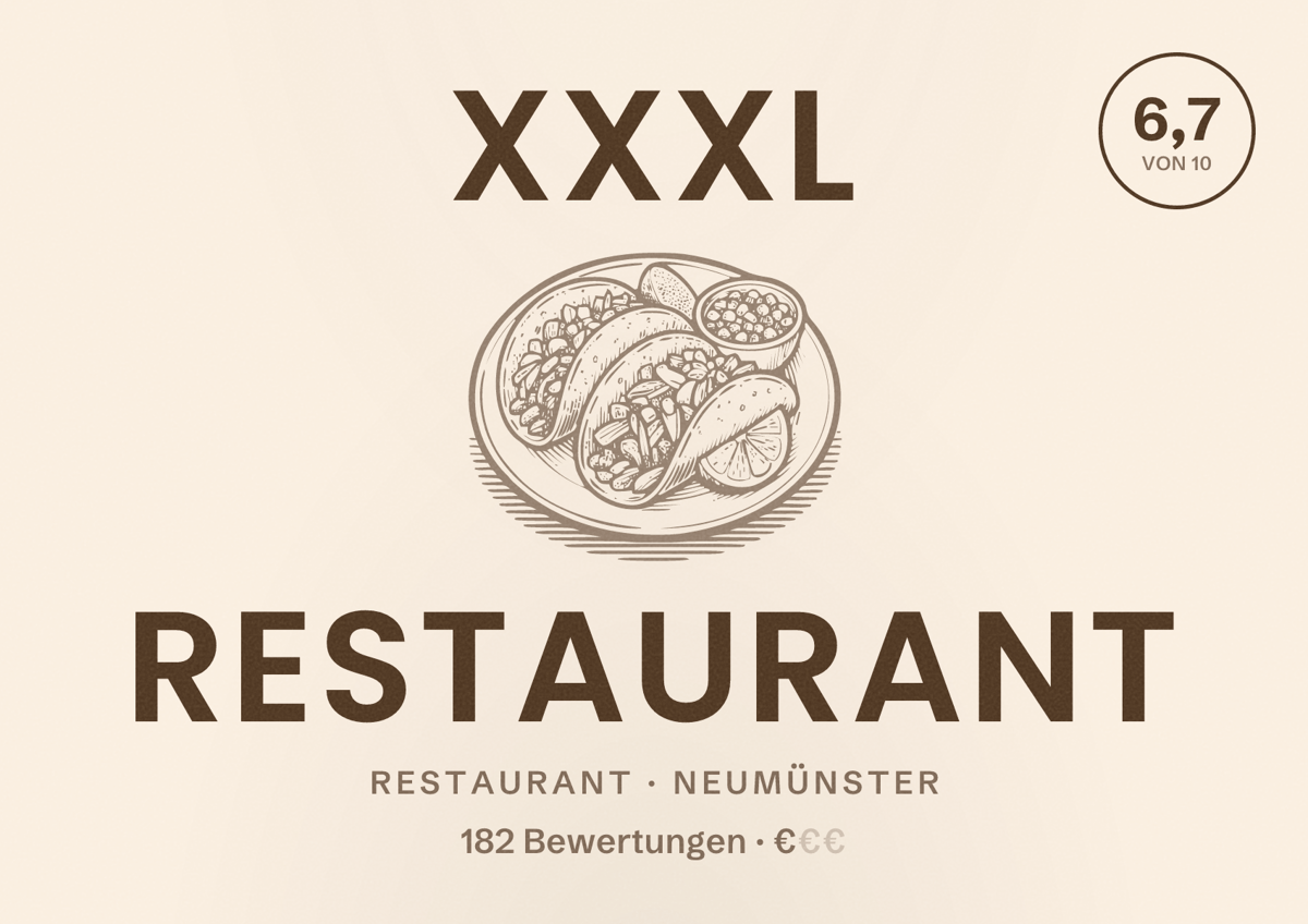 Illustriertes Poster von XXXL Restaurant, Restaurant in Neumünster: Bewertung 6,7 von 10 aus 182 Bewertungen, Preisniveau €