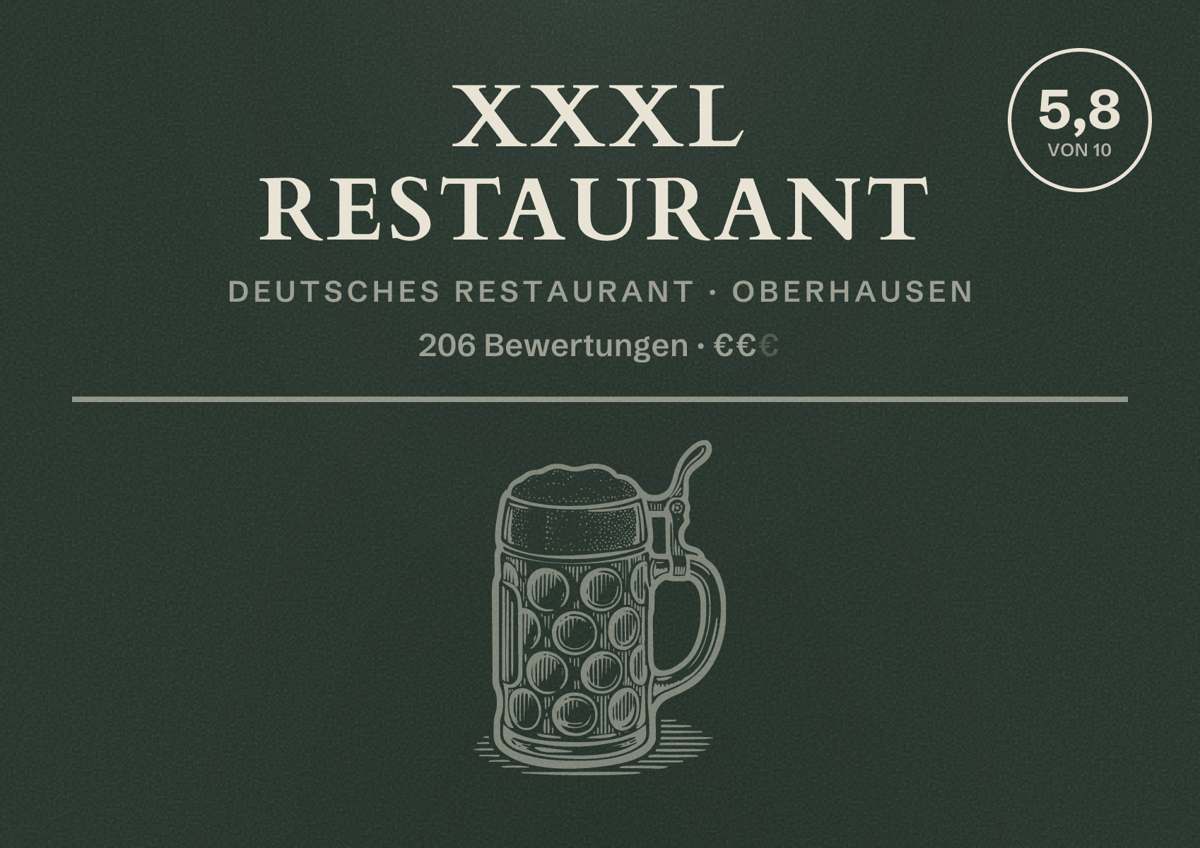 Illustriertes Poster von XXXL Restaurant, Deutsches Restaurant in Oberhausen: Gästebewertung 5,8 von 10 aus 206 Bewertungen