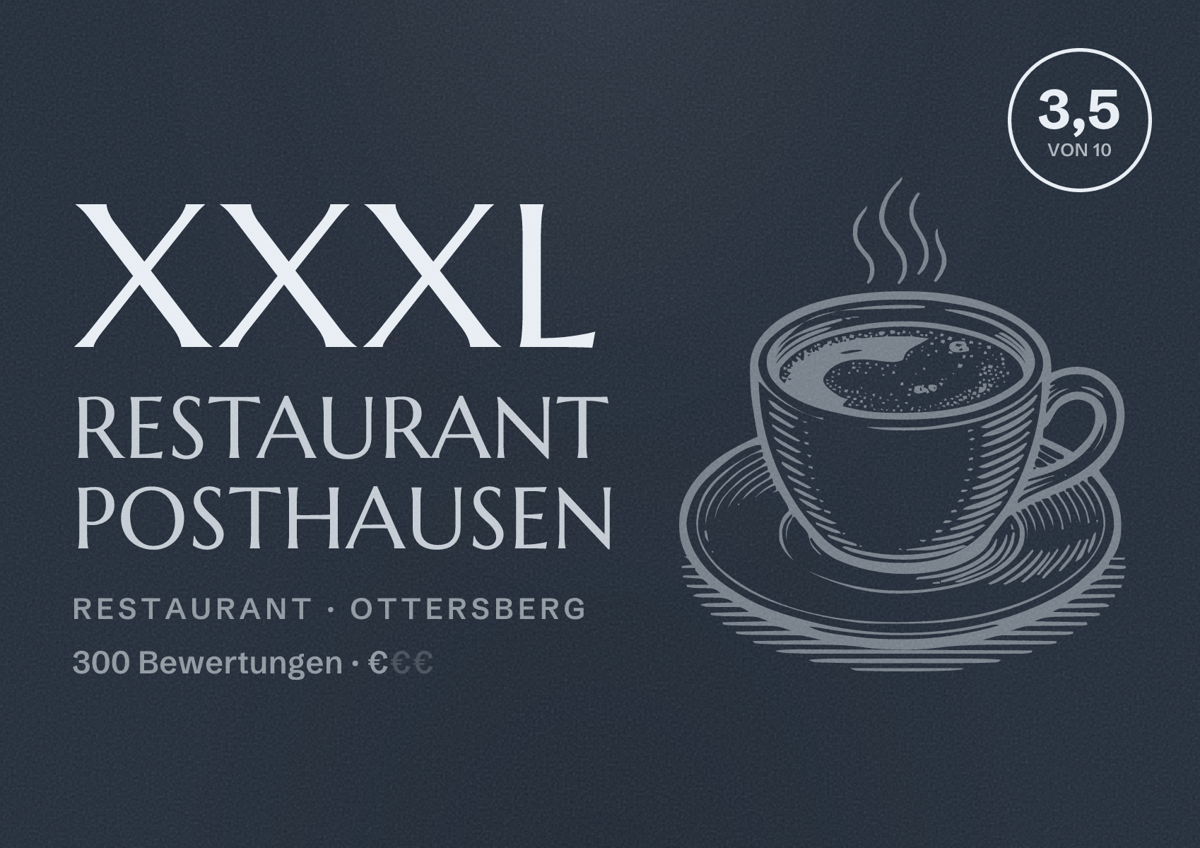Illustriertes Poster von XXXL Restaurant Posthausen, Restaurant in Ottersberg: Bewertung 3,5 von 10 aus 300 Bewertungen, Preisniveau €