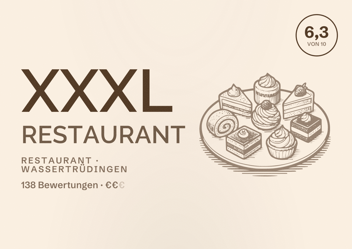 Illustriertes Poster von XXXL Restaurant, Restaurant in Wassertrüdingen: Bewertung 6,3 von 10 aus 138 Bewertungen, Preisniveau €€
