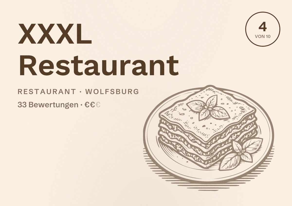 Illustriertes Poster von XXXL Restaurant, Restaurant in Wolfsburg: Bewertung 4 von 10 aus 33 Bewertungen, Preisniveau €€