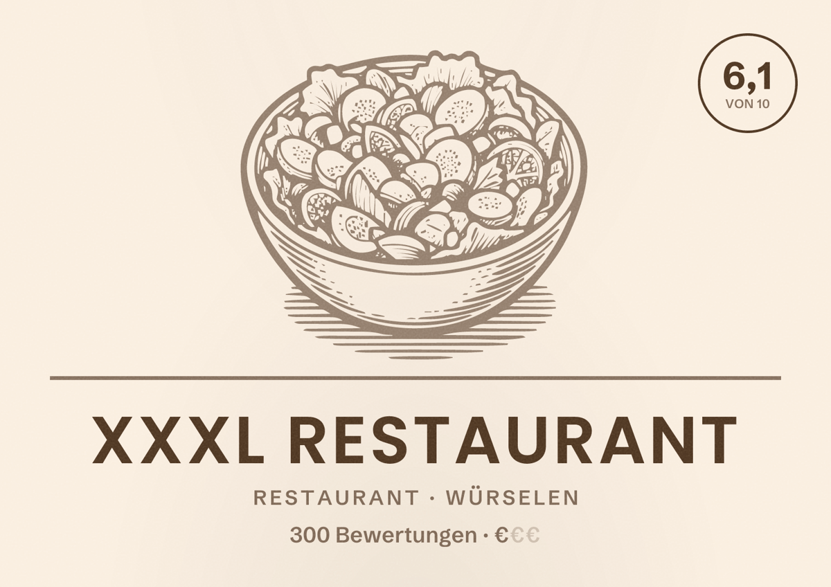 Illustriertes Poster von XXXL Restaurant, Restaurant in Würselen: Bewertung 6,1 von 10 aus 300 Bewertungen, Preisniveau €