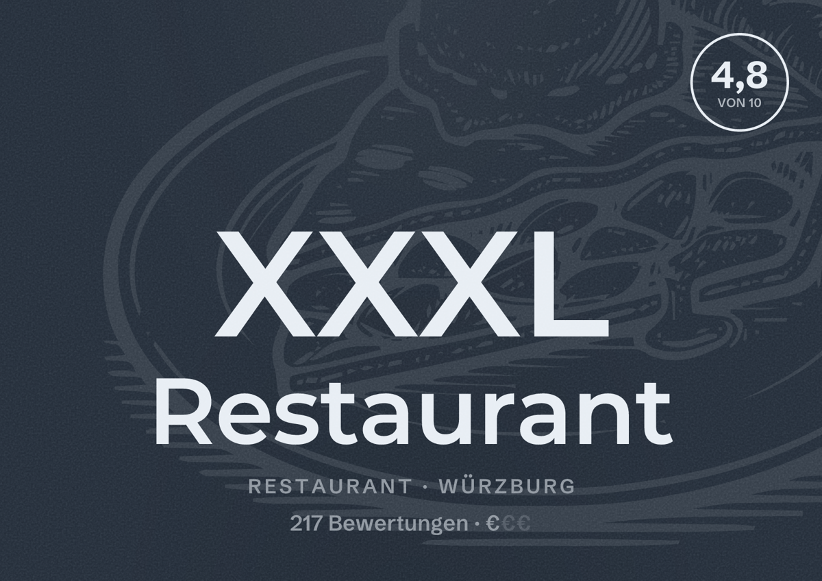 Illustriertes Poster von XXXL Restaurant, Restaurant in Würzburg: Bewertung 4,8 von 10 aus 217 Bewertungen, Preisniveau €