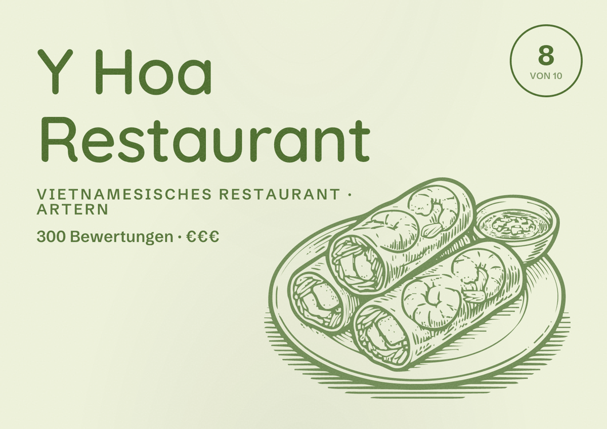 Illustriertes Poster von Y Hoa Restaurant, Vietnamesisches Restaurant in Artern: Bewertung 8 von 10 aus 300 Bewertungen, Preisniveau €€€