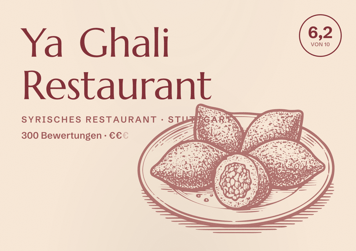 Illustriertes Poster von Ya Ghali Restaurant, Syrisches Restaurant in Stuttgart: Bewertung 6,2 von 10 aus 300 Bewertungen, Preisniveau €€