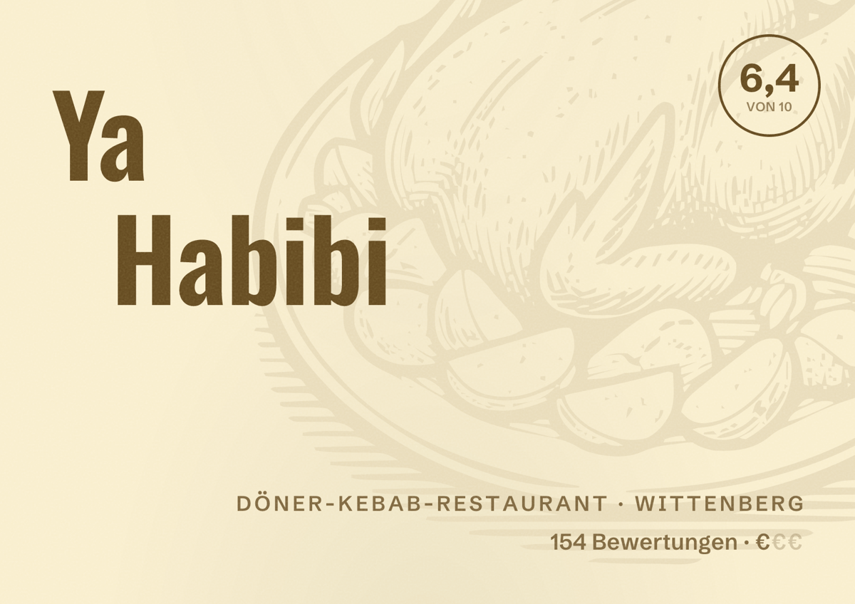 Illustriertes Poster von Ya Habibi, Döner-Kebab-Restaurant in Wittenberg: Bewertung 6,4 von 10 aus 154 Bewertungen, Preisniveau €