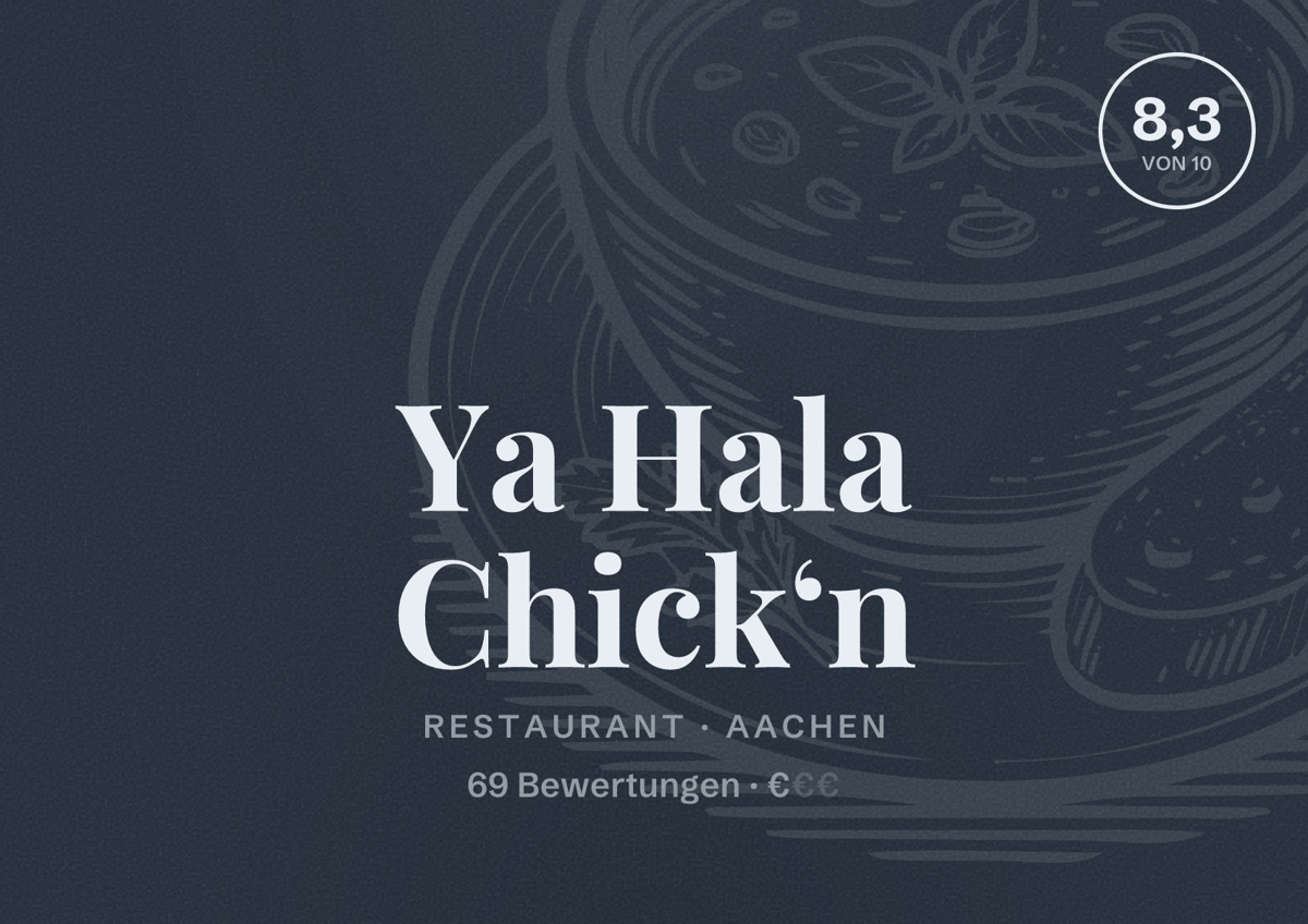 Illustriertes Poster von Ya Hala Chick‘n, Restaurant in Aachen: Bewertung 8,3 von 10 aus 69 Bewertungen, Preisniveau €