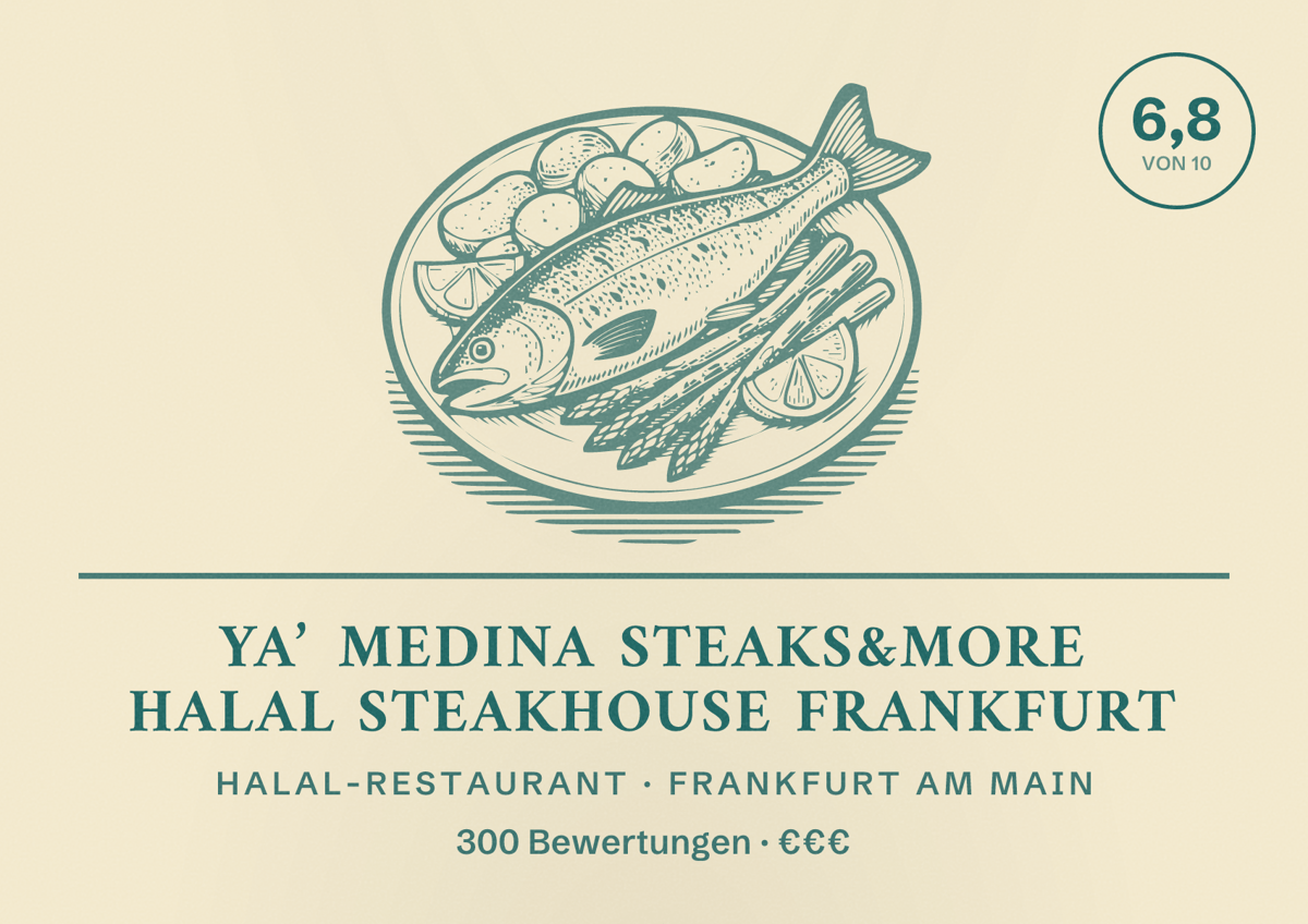 Illustriertes Poster von YA’ MEDINA Steaks&More Halal Steakhouse Frankfurt, Halal-Restaurant in Frankfurt am Main: Bewertung 6,8 von 10 aus 300 Bewertungen, Preisniveau €€€