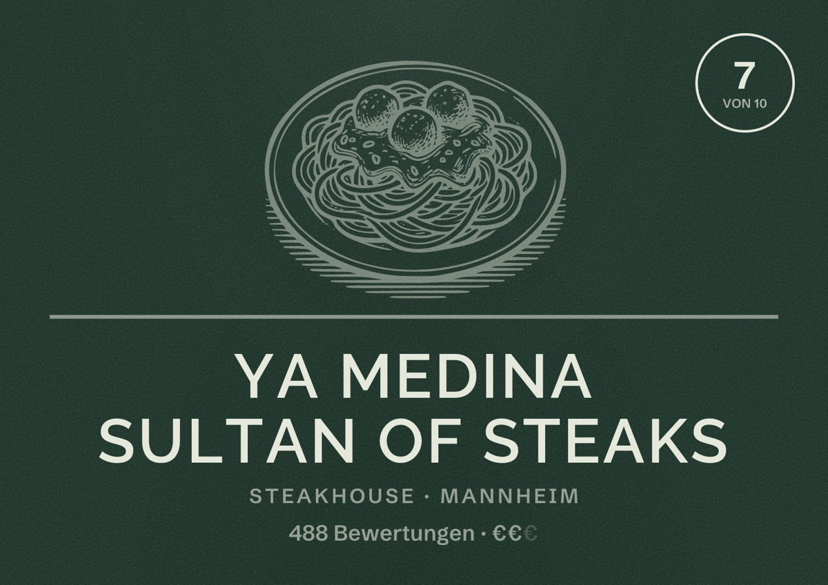 Illustriertes Poster von YA MEDINA Sultan of Steaks, Steakhouse in Mannheim: Gästebewertung 7 von 10 aus 488 Bewertungen