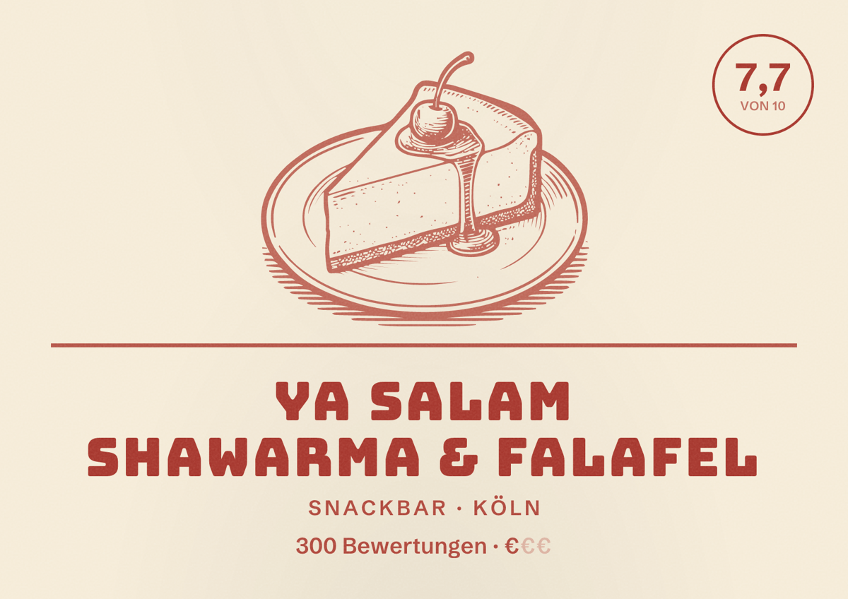 Illustriertes Poster von Ya Salam Shawarma & Falafel, Snackbar in Köln: Bewertung 7,7 von 10 aus 300 Bewertungen, Preisniveau €