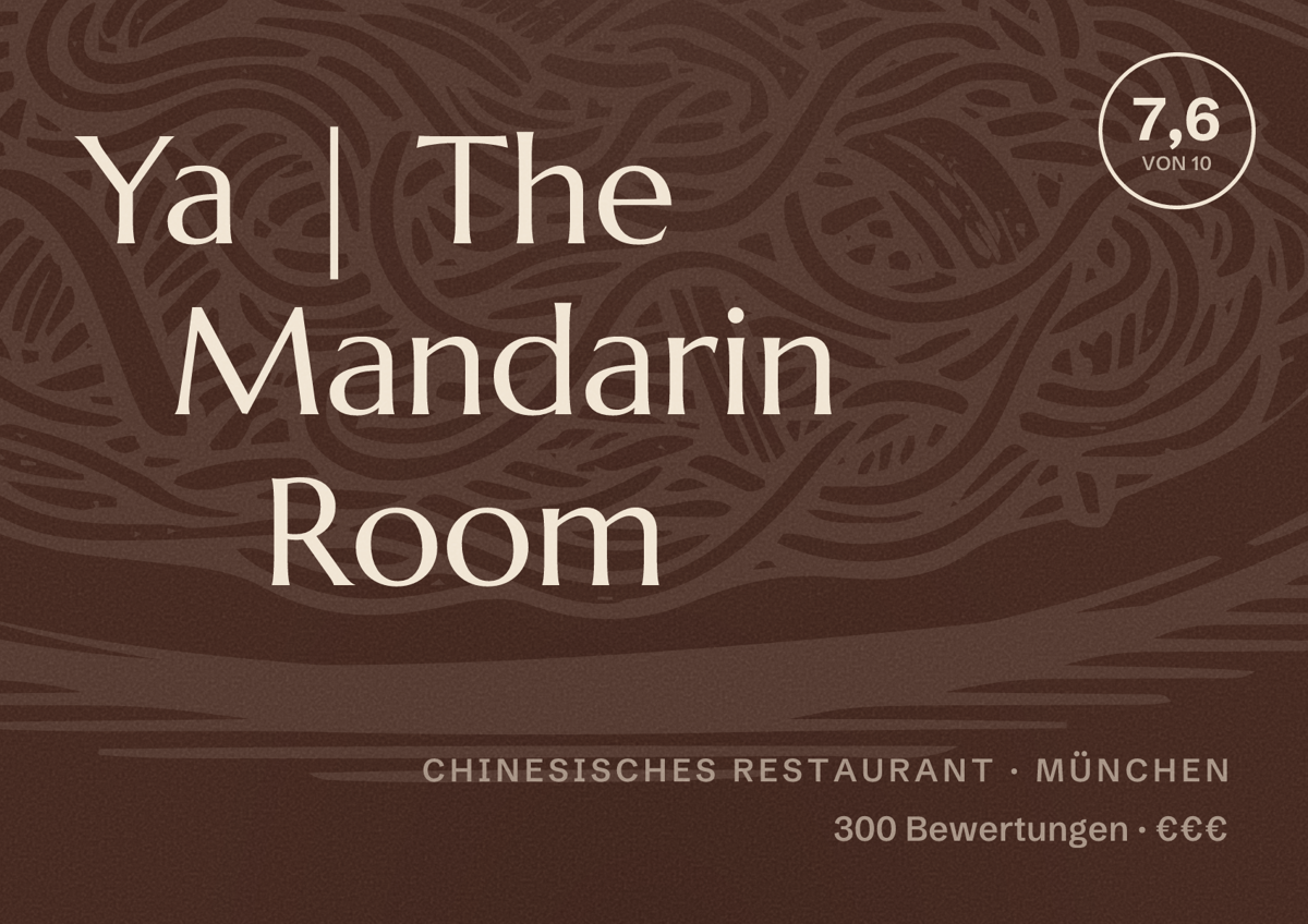 Illustriertes Poster von Ya | The Mandarin Room, Chinesisches Restaurant in München: Bewertung 7,6 von 10 aus 300 Bewertungen, Preisniveau €€€