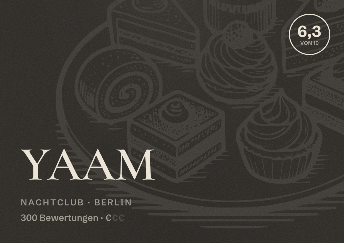 Illustriertes Poster von YAAM, Nachtclub in Berlin: Bewertung 6,3 von 10 aus 300 Bewertungen, Preisniveau €