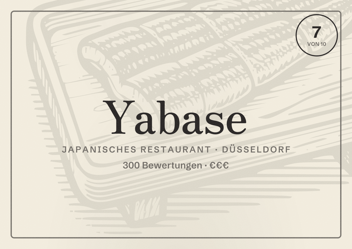 Illustriertes Poster von Yabase, Japanisches Restaurant in Düsseldorf: Bewertung 7,0 von 10 aus 300 Bewertungen, Preisniveau €€€