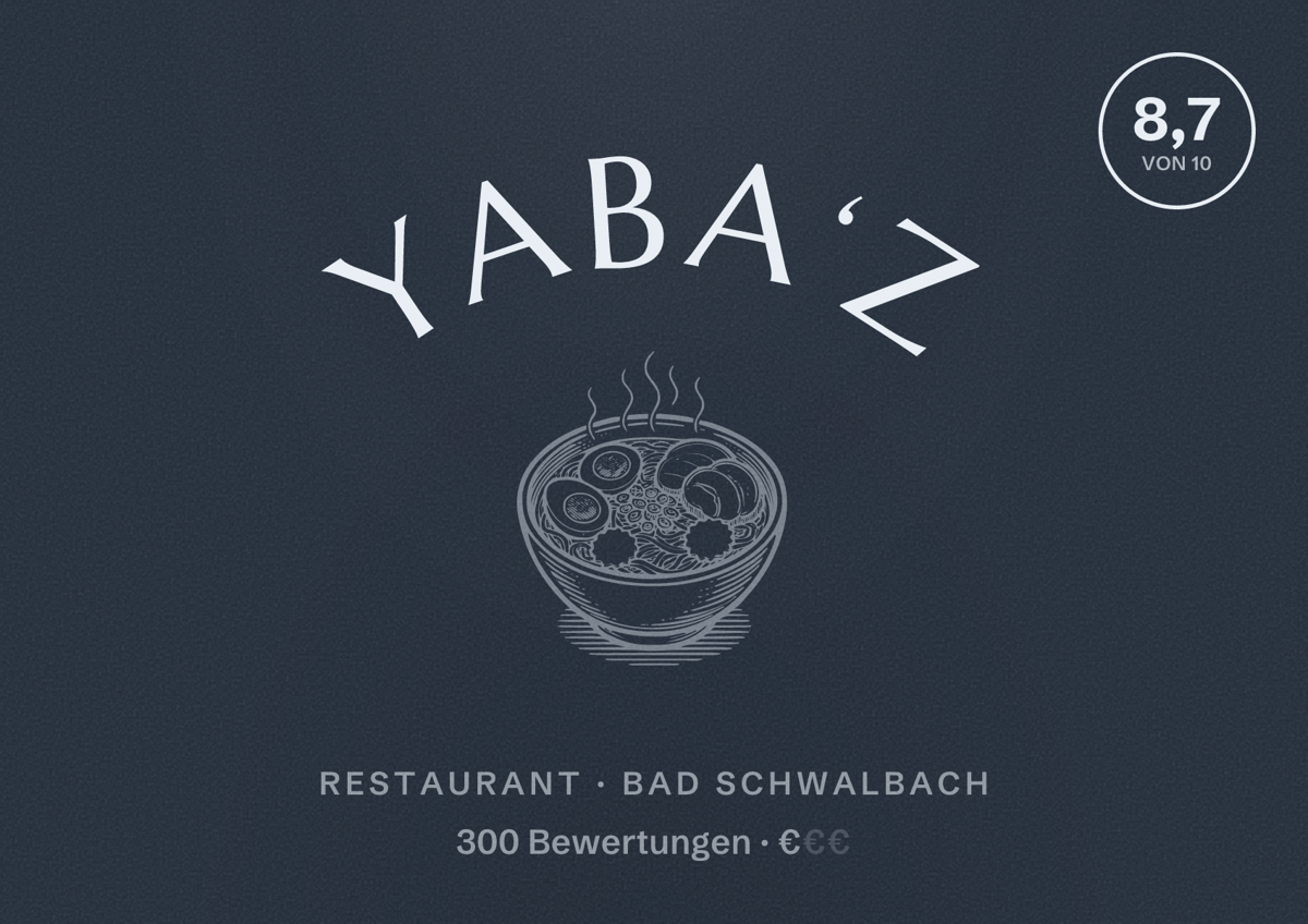 Illustriertes Poster von Yaba‘z, Restaurant in Bad Schwalbach: Bewertung 8,7 von 10 aus 300 Bewertungen, Preisniveau €