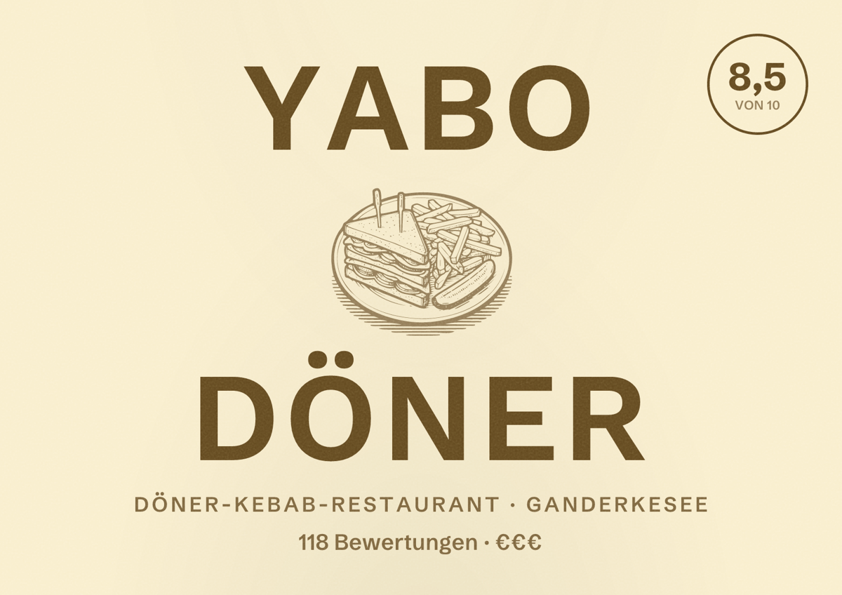 Illustriertes Poster von YABO DÖNER, Döner-Kebab-Restaurant in Ganderkesee: Bewertung 8,5 von 10 aus 118 Bewertungen, Preisniveau €€€