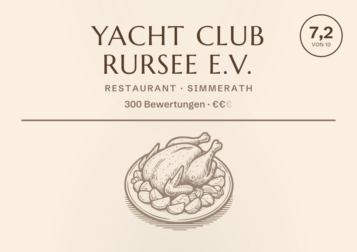 Illustriertes Poster von Yacht Club Rursee e.V., Restaurant in Simmerath: Bewertung 7,2 von 10 aus 300 Bewertungen, Preisniveau €€
