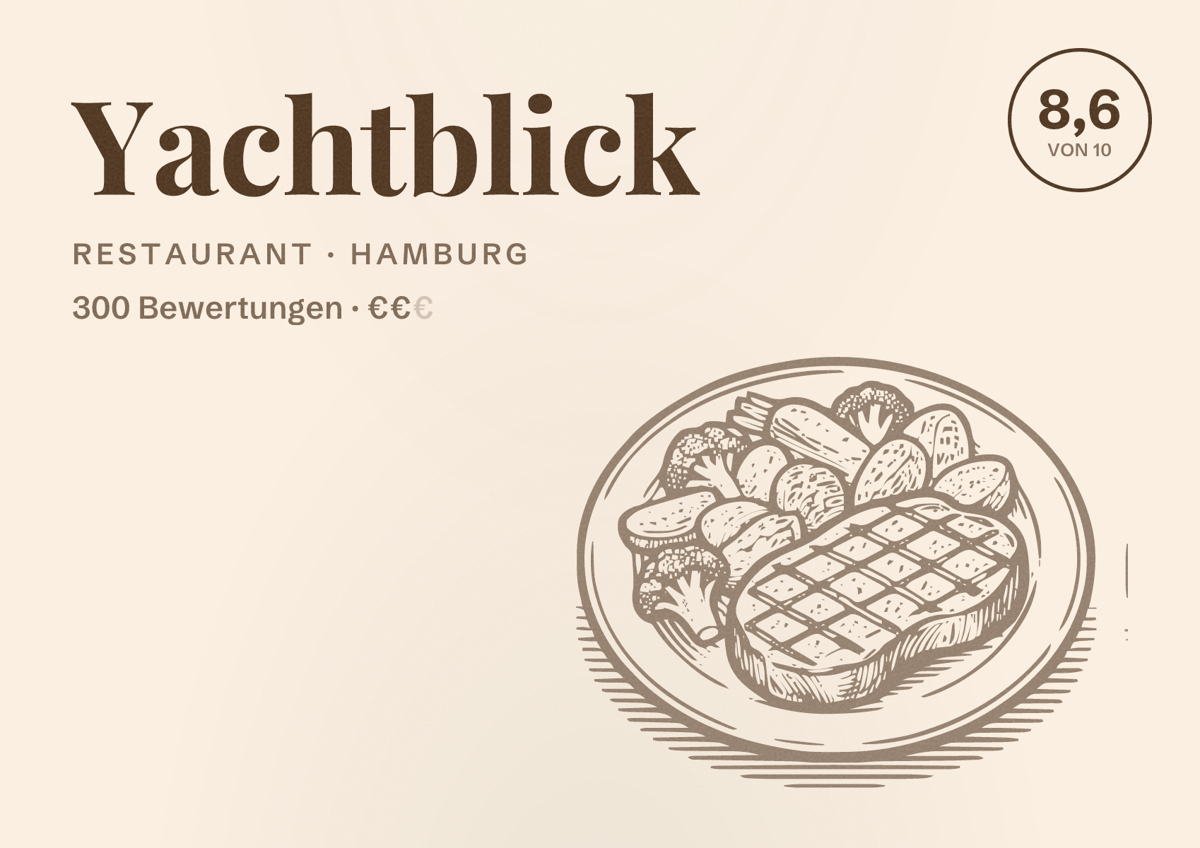 Illustriertes Poster von Yachtblick, Restaurant in Hamburg: Bewertung 8,6 von 10 aus 300 Bewertungen, Preisniveau €€