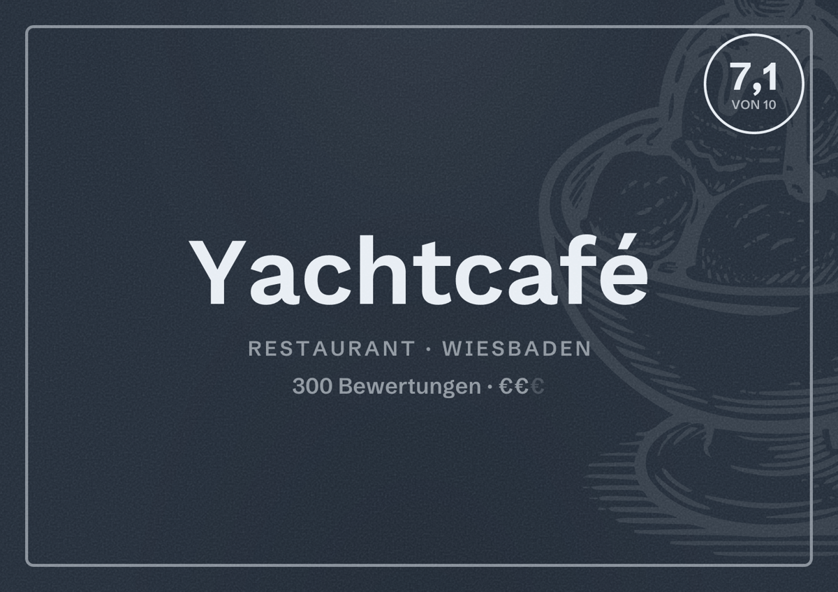 Illustriertes Poster von Yachtcafé, Restaurant in Wiesbaden: Bewertung 7,1 von 10 aus 300 Bewertungen, Preisniveau €€