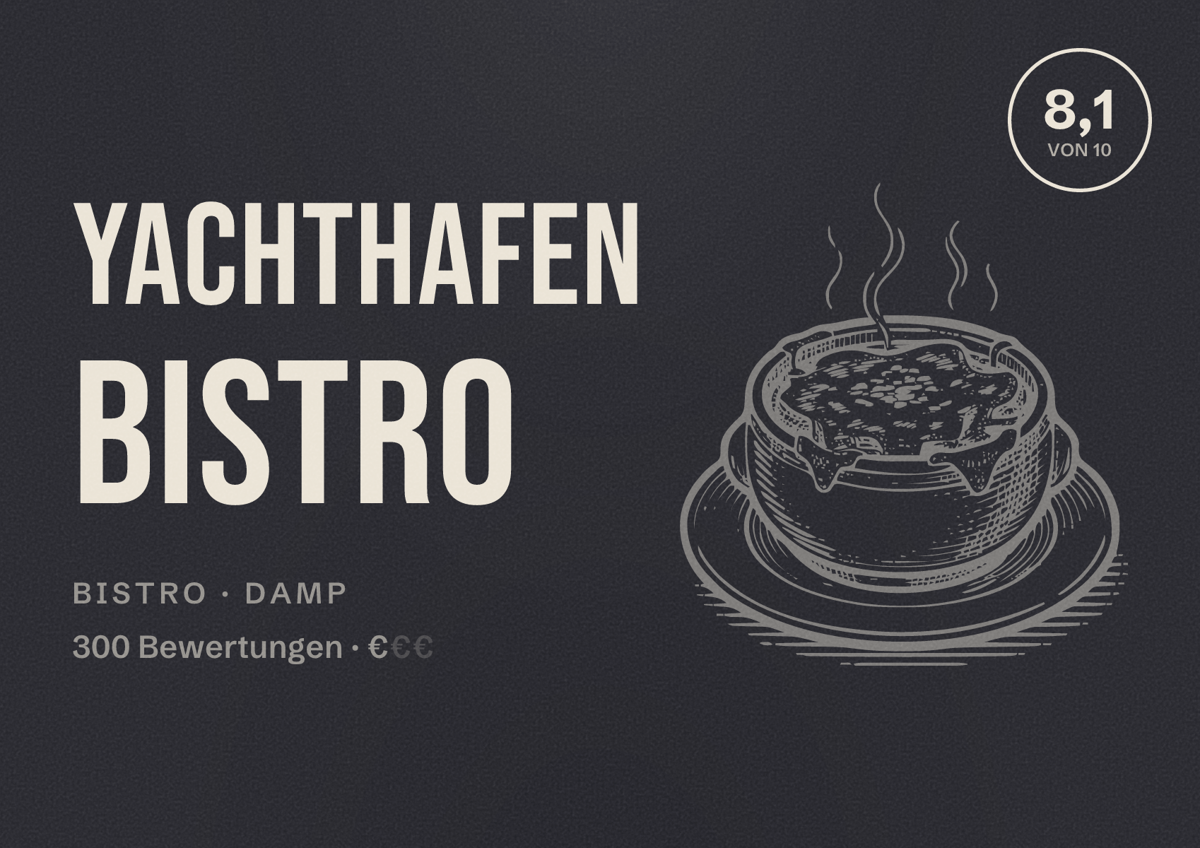 Illustriertes Poster von Yachthafen Bistro, Bistro in Damp: Bewertung 8,1 von 10 aus 300 Bewertungen, Preisniveau €