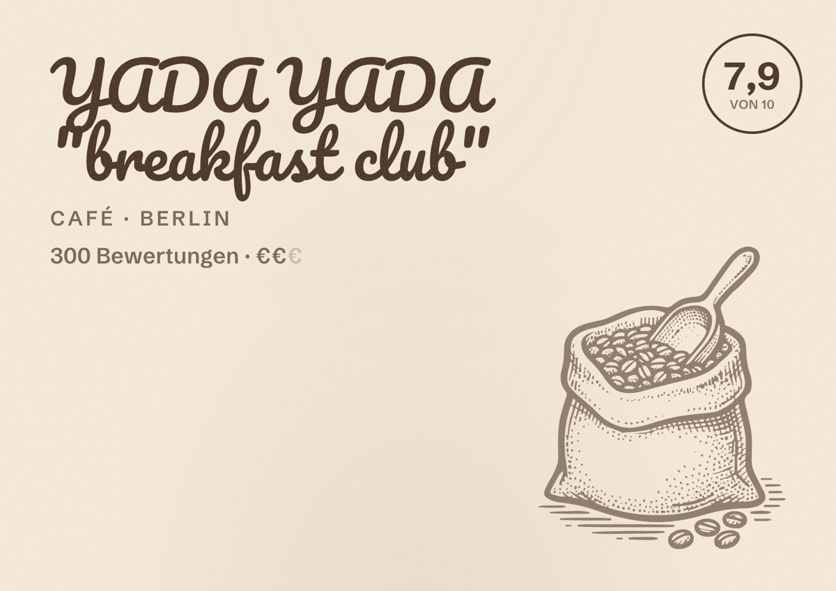 Illustriertes Poster von YADA YADA "breakfast club", Café in Berlin: Bewertung 7,9 von 10 aus 300 Bewertungen, Preisniveau €€