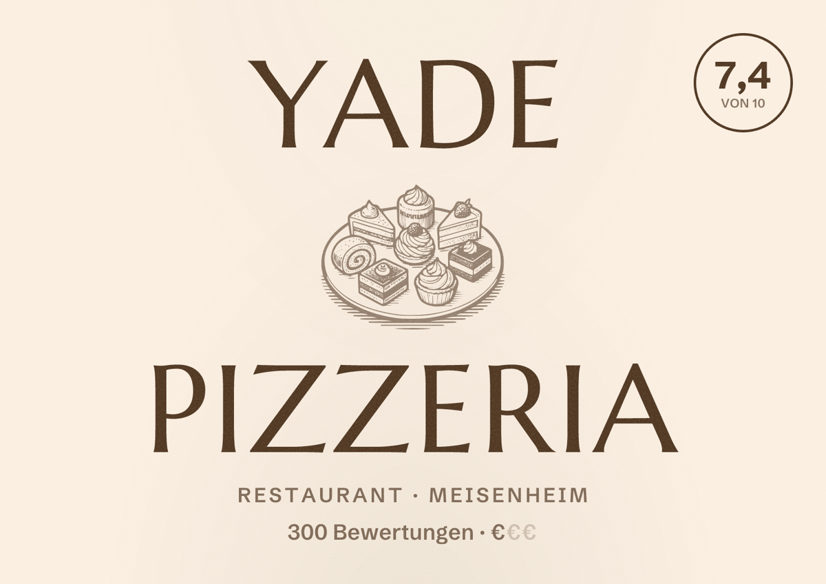 Illustriertes Poster von Yade Pizzeria, Restaurant in Meisenheim: Bewertung 7,4 von 10 aus 300 Bewertungen, Preisniveau €