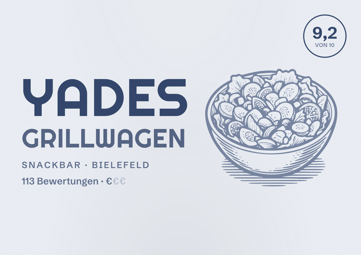 Illustriertes Poster von Yades Grillwagen, Snackbar in Bielefeld: Bewertung 9,2 von 10 aus 113 Bewertungen, Preisniveau €