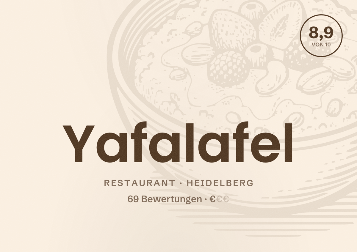Illustriertes Poster von Yafalafel, Restaurant in Heidelberg: Bewertung 8,9 von 10 aus 69 Bewertungen, Preisniveau €