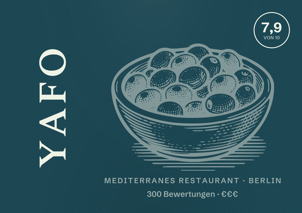 Illustriertes Poster von YAFO, Mediterranes Restaurant in Berlin: Bewertung 7,9 von 10 aus 300 Bewertungen, Preisniveau €€€