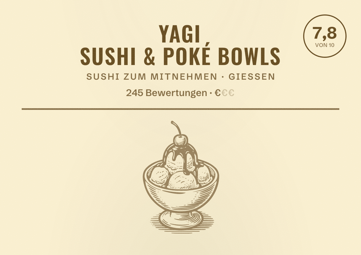 Illustriertes Poster von Yagi Sushi & Poké Bowls, Sushi zum Mitnehmen in Gießen: Bewertung 7,8 von 10 aus 245 Bewertungen, Preisniveau €