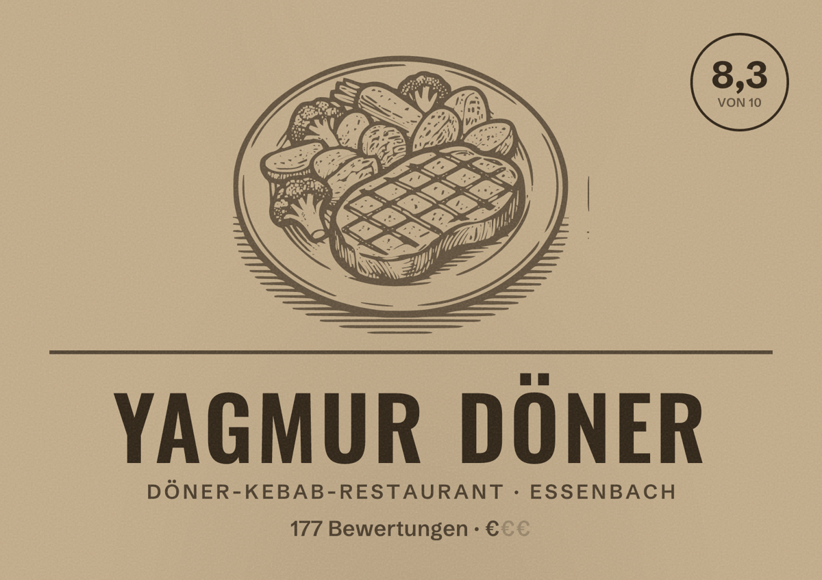 Illustriertes Poster von Yagmur döner, Döner-Kebab-Restaurant in Essenbach: Bewertung 8,3 von 10 aus 177 Bewertungen, Preisniveau €