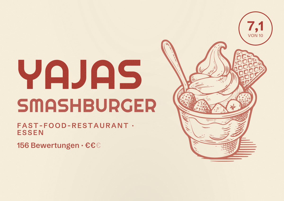Illustriertes Poster von Yajas Smashburger, Fast-Food-Restaurant in Essen: Bewertung 7,1 von 10 aus 156 Bewertungen, Preisniveau €€