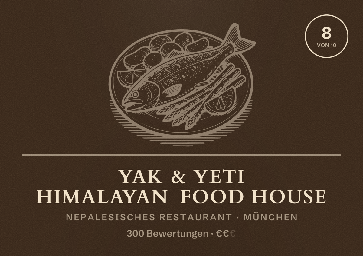 Illustriertes Poster von Yak & Yeti Himalayan Food House, Nepalesisches Restaurant in München: Bewertung 8 von 10 aus 300 Bewertungen, Preisniveau €€