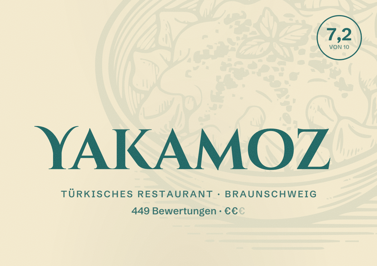 Illustriertes Poster von Yakamoz, Türkisches Restaurant in Braunschweig: Gästebewertung 7,2 von 10 aus 449 Bewertungen