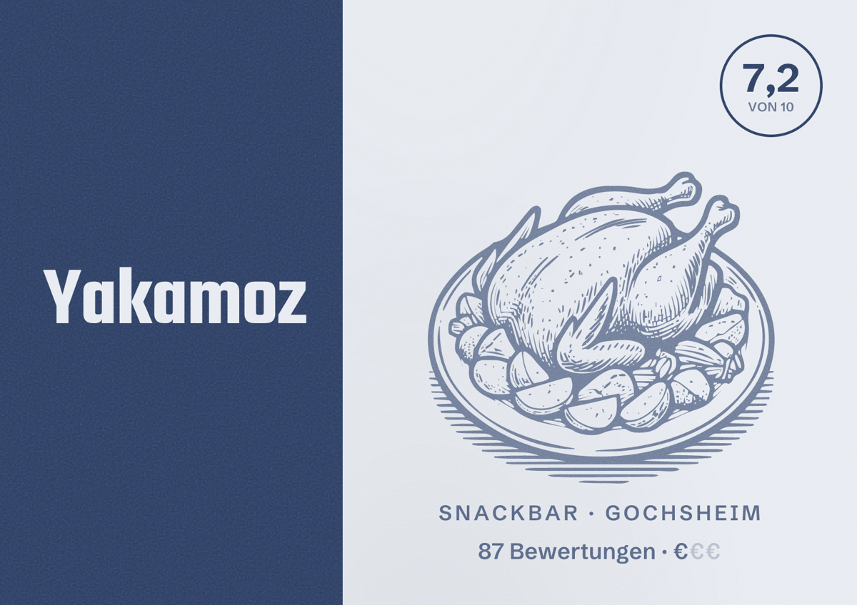 Illustriertes Poster von Yakamoz, Snackbar in Gochsheim: Bewertung 7,2 von 10 aus 87 Bewertungen, Preisniveau €