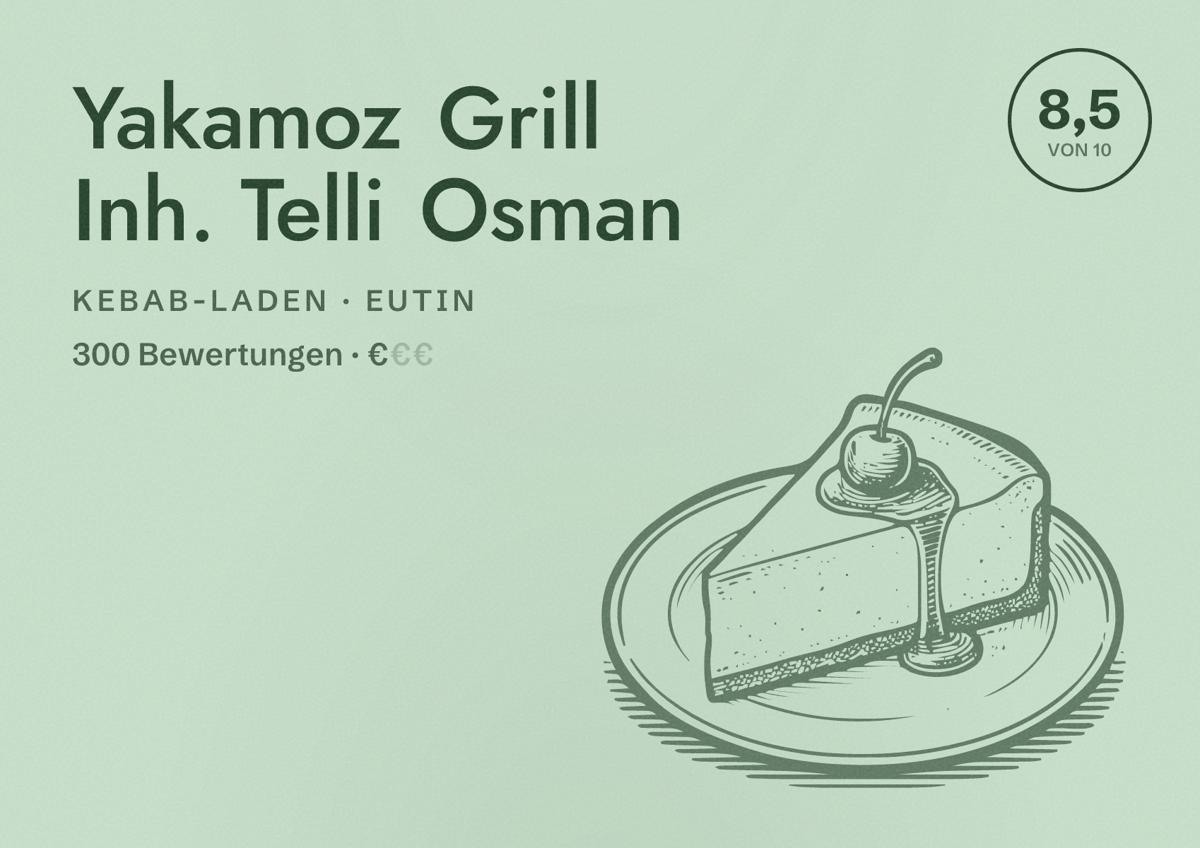 Illustriertes Poster von Yakamoz Grill Inh. Telli Osman, Kebab-Laden in Eutin: Bewertung 8,5 von 10 aus 300 Bewertungen, Preisniveau €