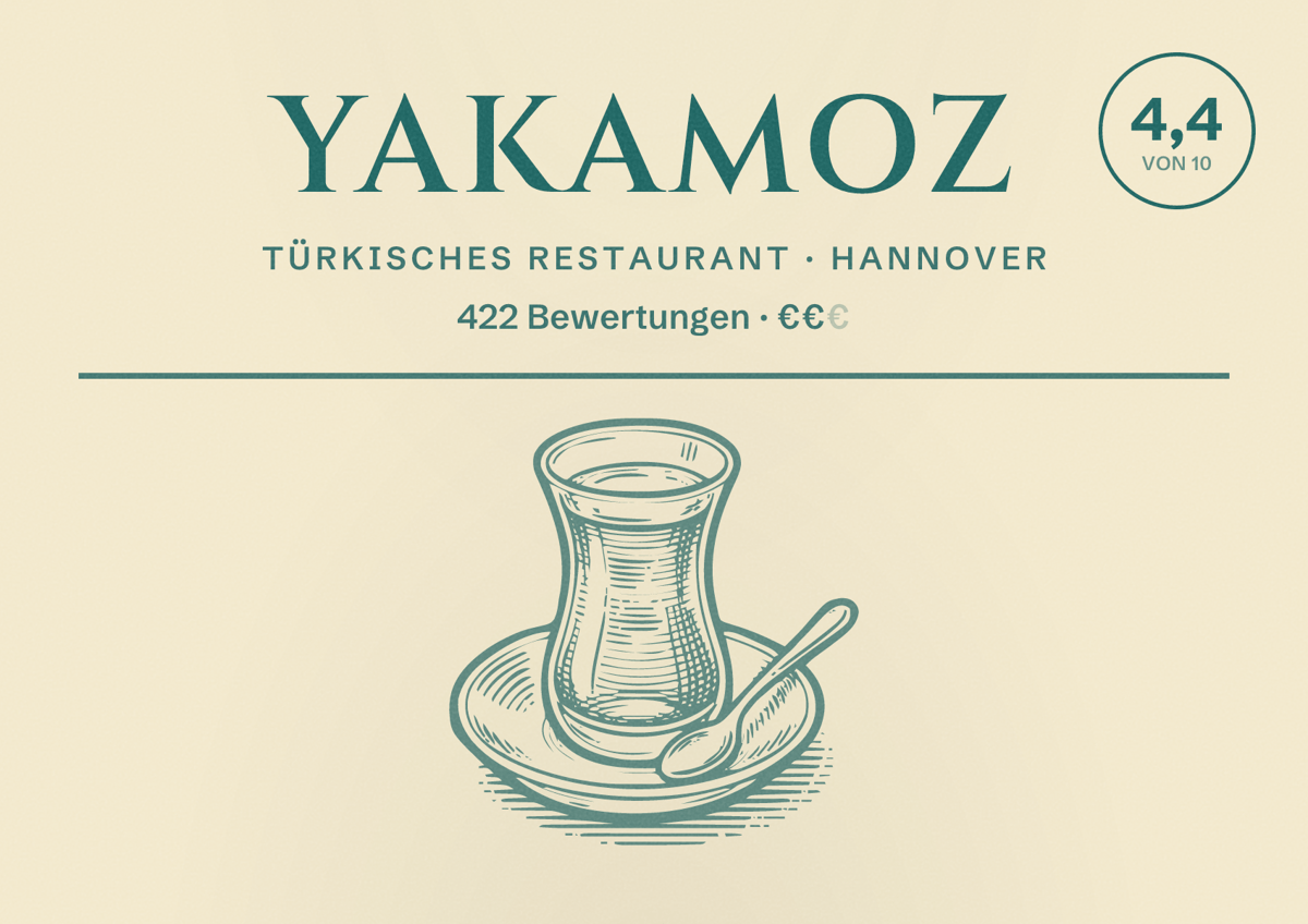 Illustriertes Poster von Yakamoz, Türkisches Restaurant in Hannover: Bewertung 4,4 von 10 aus 422 Bewertungen, Preisniveau €€