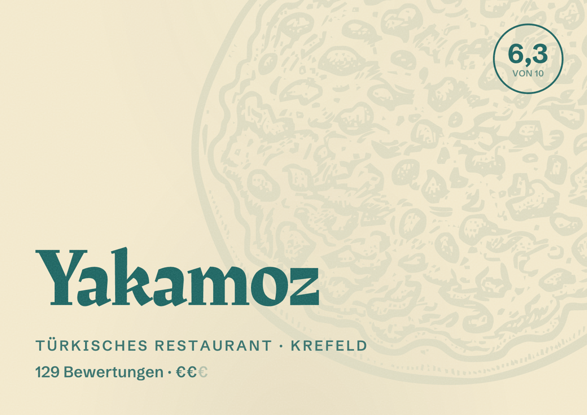 Illustriertes Poster von Yakamoz, Türkisches Restaurant in Krefeld: Bewertung 6,3 von 10 aus 129 Bewertungen, Preisniveau €€