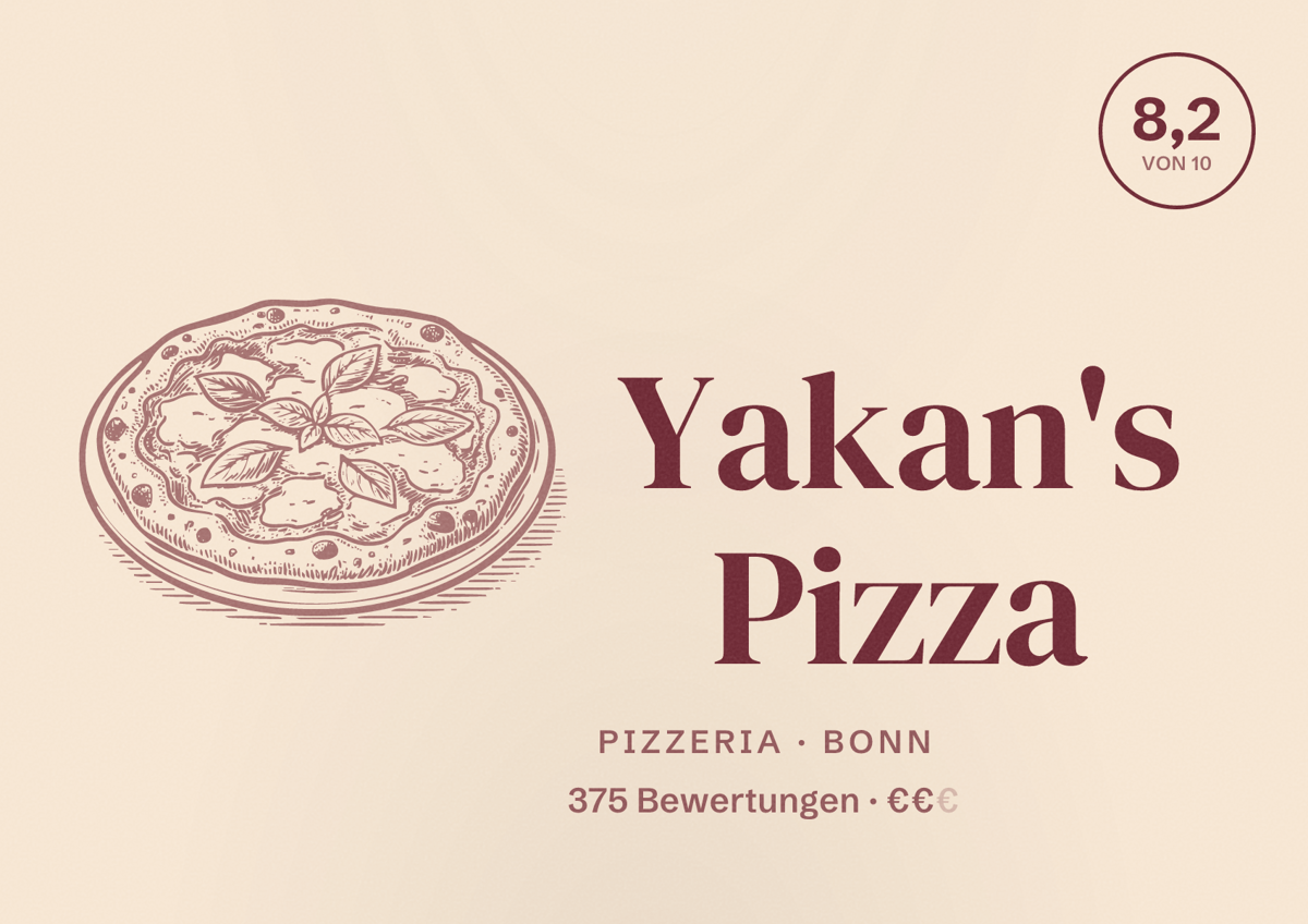 Illustriertes Poster von Yakan's Pizza, Pizzeria in Bonn: Bewertung 8,2 von 10 aus 375 Bewertungen, Preisniveau €€