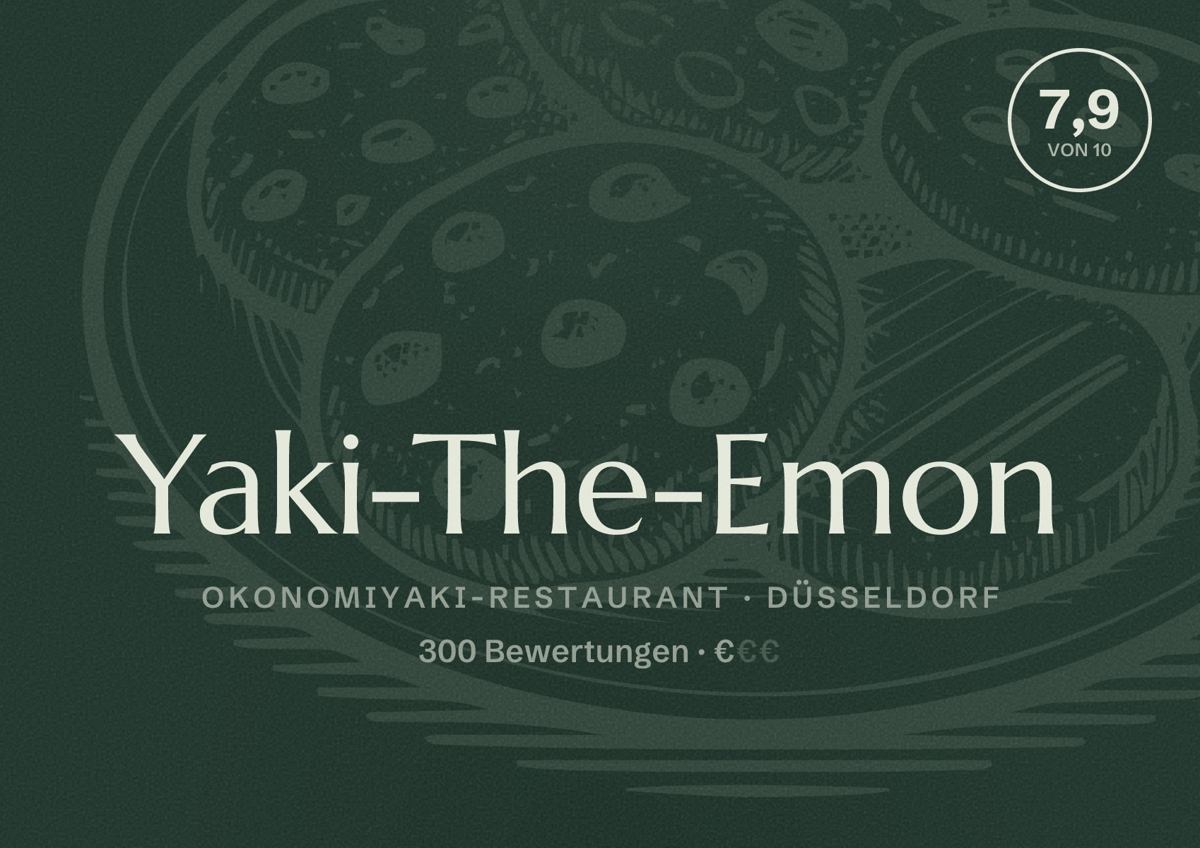 Illustriertes Poster von Yaki-The-Emon, Okonomiyaki-Restaurant in Düsseldorf: Bewertung 7,9 von 10 aus 300 Bewertungen, Preisniveau €