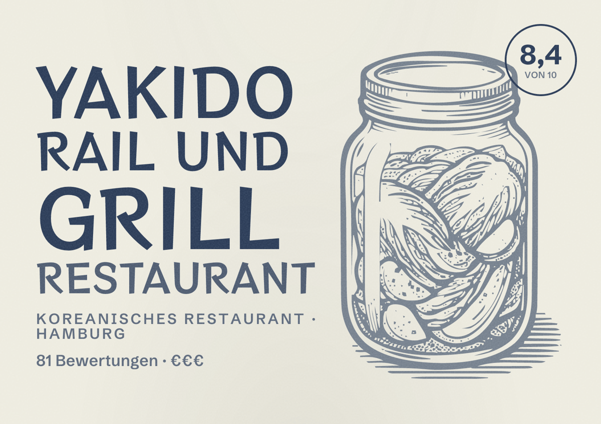 Illustriertes Poster von Yakido Rail und Grill Restaurant, Koreanisches Restaurant in Hamburg: Bewertung 8,4 von 10 aus 81 Bewertungen, Preisniveau €€€