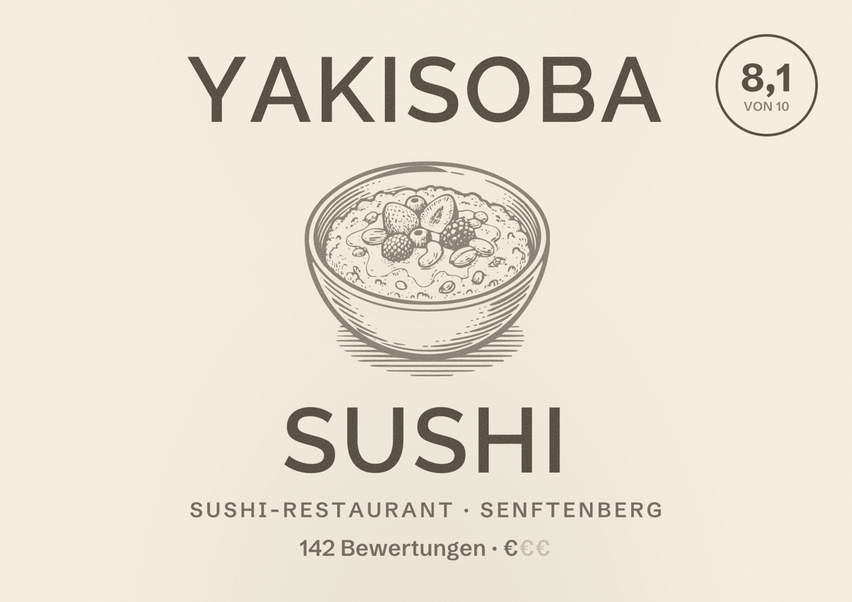 Illustriertes Poster von Yakisoba Sushi, Sushi-Restaurant in Senftenberg: Bewertung 8,1 von 10 aus 142 Bewertungen, Preisniveau €
